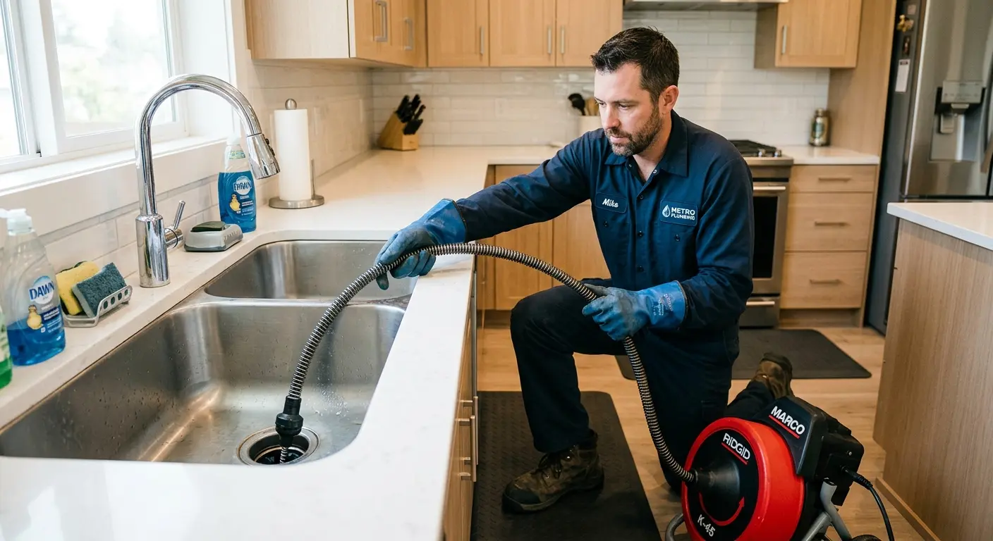 Drain cleaning technician using a motorized snake on a kitchen sink in College