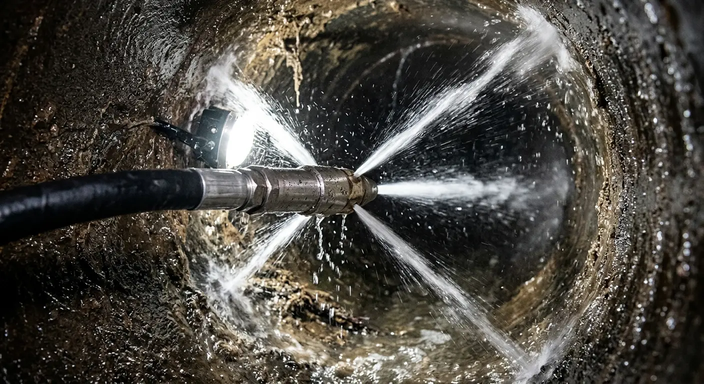 High-pressure hydro jetting nozzle cleaning sewer pipe for Trenchless Sewer Repair in College