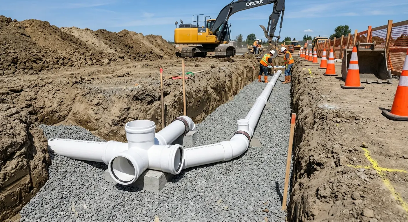 New PVC sewer pipe installation in open trench for Sewer Backup in College