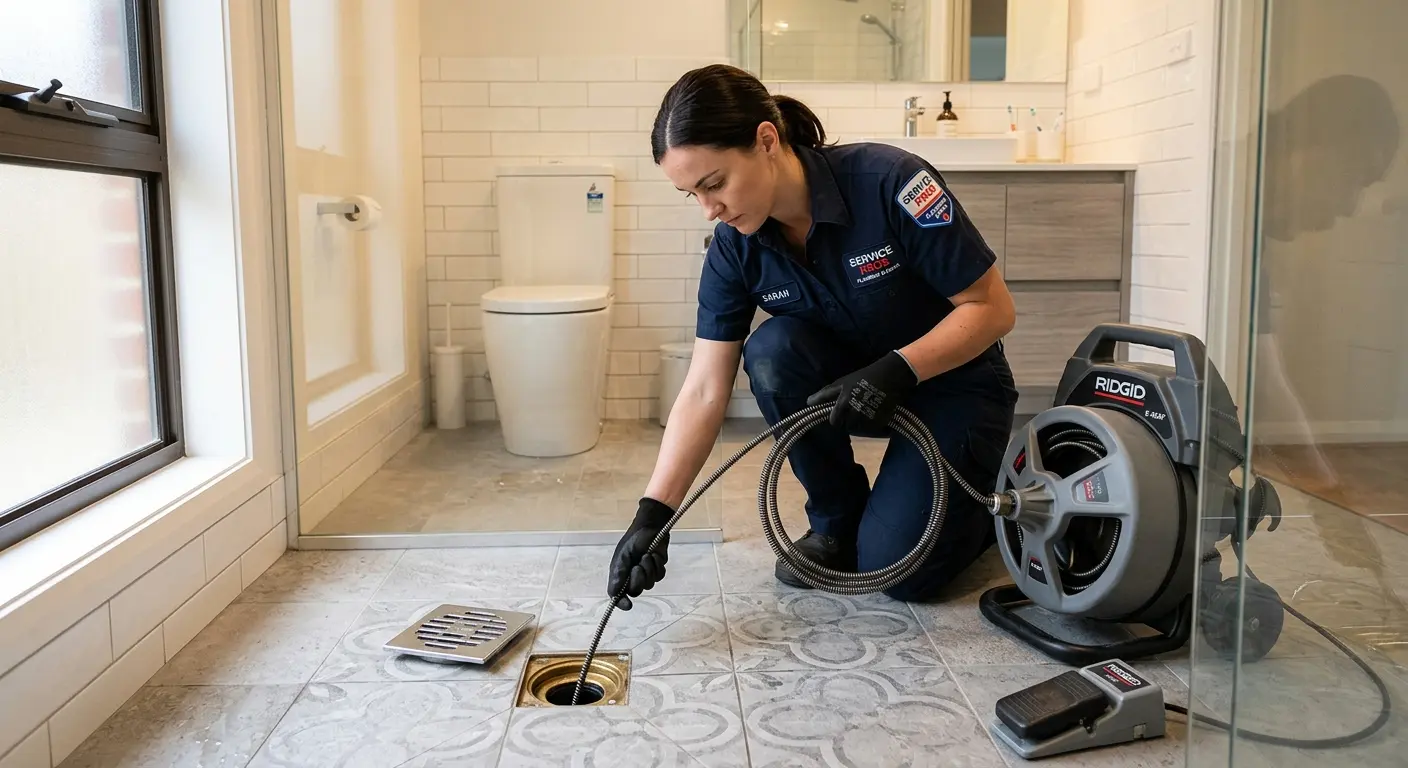 Technician clearing a bathroom floor drain for Clogged Drain Repair in College